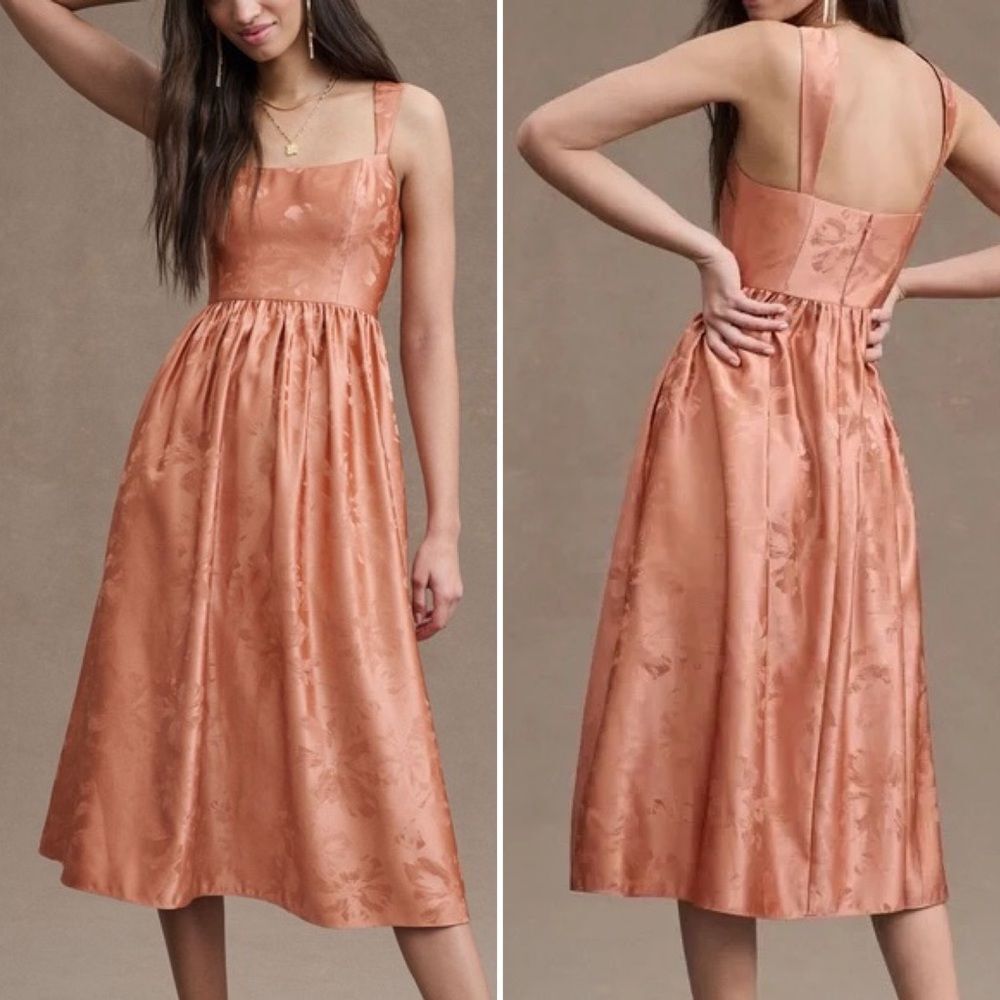 BHLDN Poppy Square Neck Satin Jacquard A-line Midi Dress In Sedona 6